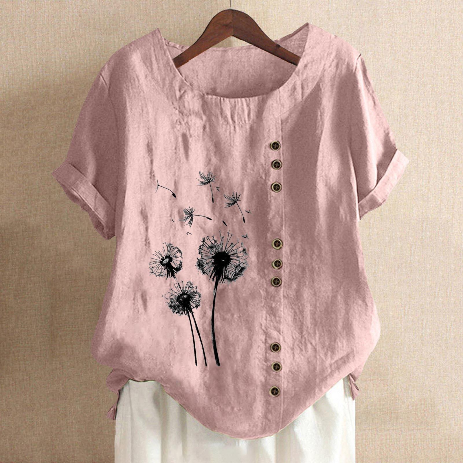 

Women s Fashion Casual Round Neck Short Sleeve Cotton And Linen Printed T-shirt Top M рожевий