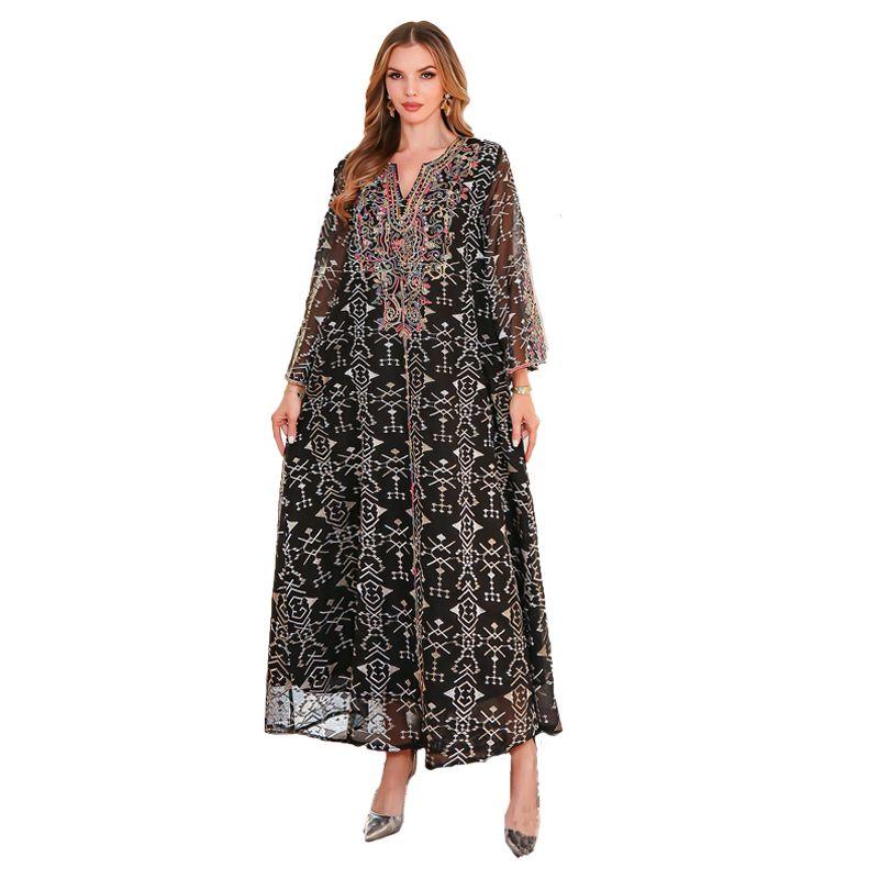 

2025 Ближний Восток Сетчатая Вышивка Женский Халат Дубай Женский Веревочная Вышивка Арабский Туризм Формальное Платье Платье Платье Black 2XL