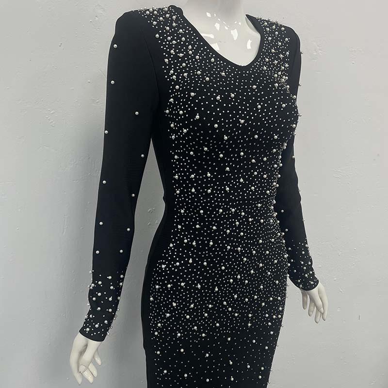 Cross-Border Bandage Dress: Sexy Deep V Beaded Rhinestone Evening Gown for Women