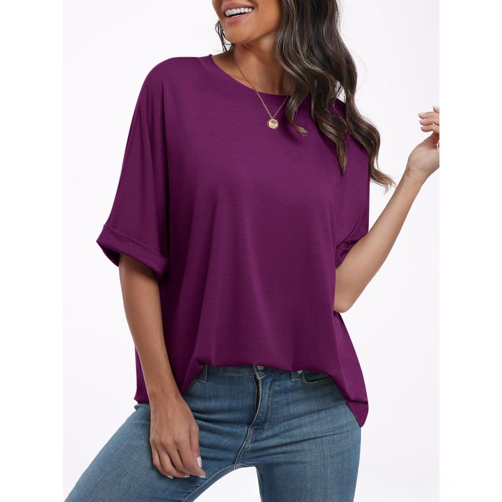 Women's Crew Neck Short Sleeve Loose Fit Tunic Top Solid Color Casual Tee Blouse