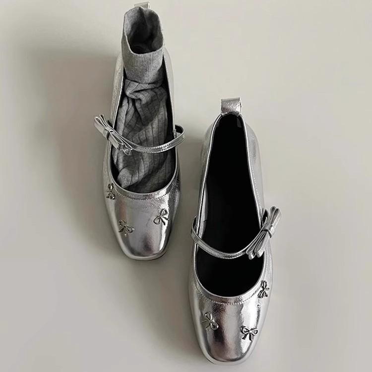 Sheepskin version~ bow-tied silver French single shoes women's flat-bottomed light-mouth Mary Jane shoes one-word buckle versatile small leather shoes