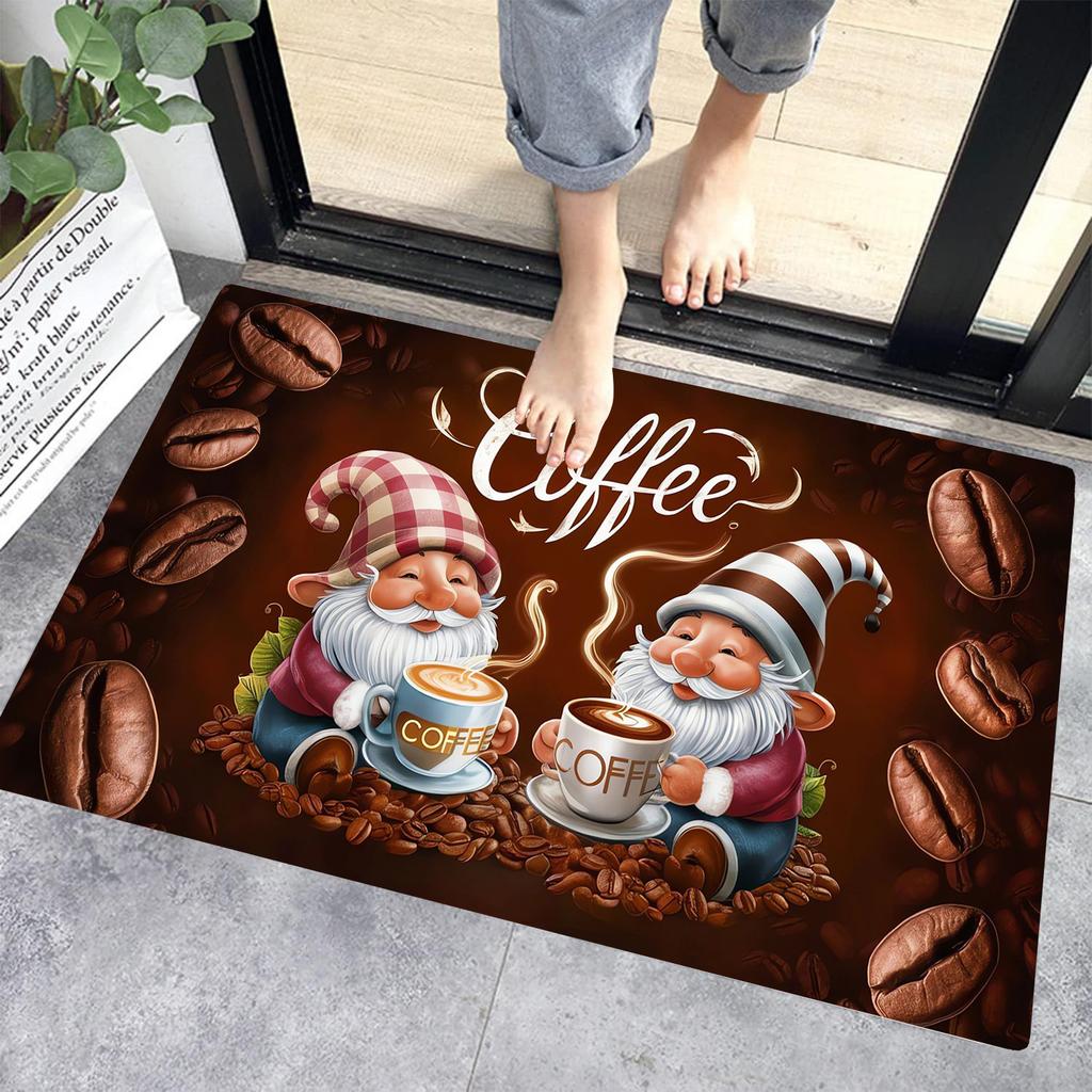 1pcs 2D Flat Coffee Gnomes Beans Welcome Flannel Door Mat Non Slip Cozy Kitchen Rug For Entryway Cafe Home Decor