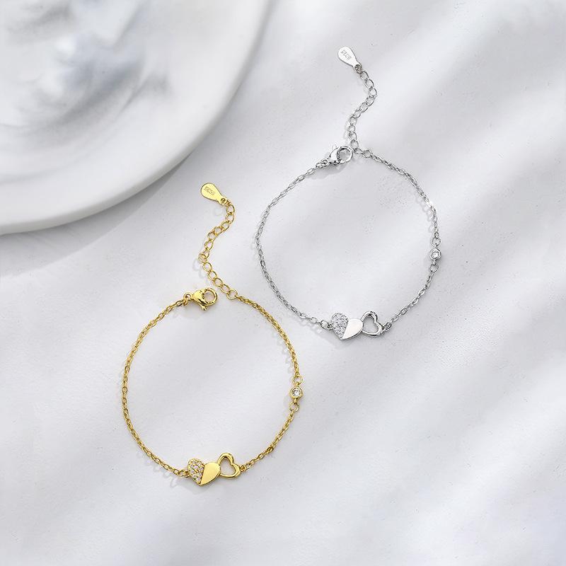 Sterling Silver S925 Silver Bracelet Full of Diamonds Love Bracelet Ins Style High-looking Double Peach Heart Bracelet As a Gift for Your Girlfriend