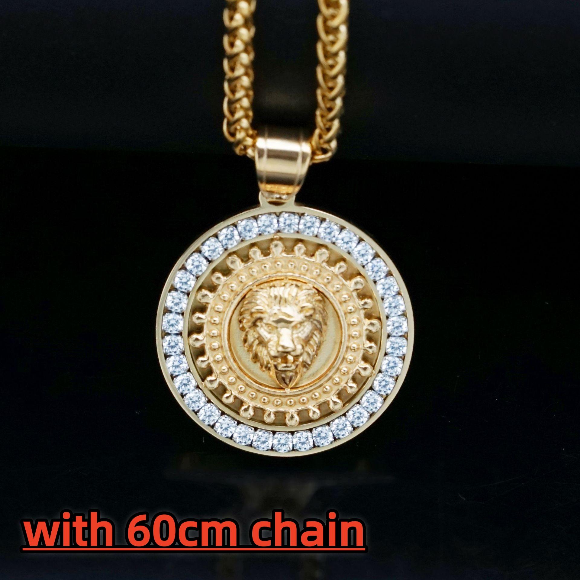 Hip Hop Lion Head Pendant Necklace with Rhinestone Fashion Men Stainless Steel for Boy Best Gifts Fashion Accessories Jewelry 60CM