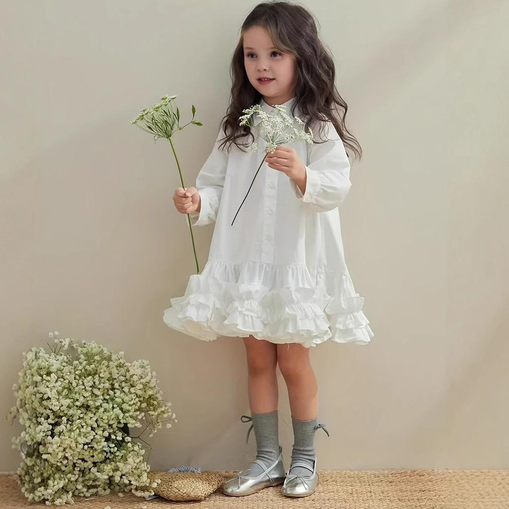Girls' Fashion Long-Sleeved Shirt Collar Patchwork Tiered Skirt Colour Dress