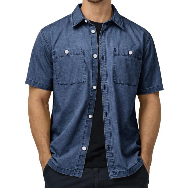Mens Black Denim Short Sleeve Shirt Turn-down Collar Casual Loose Fit Button Down Top