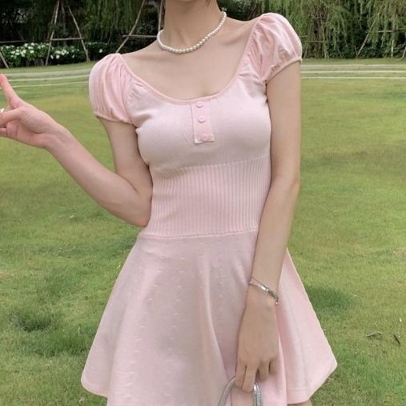 

French Temperament Pink Knitted Short Dress Square Neck Short Sleeve Dress Summer Gentle Style Waist Cinching Slim Skirt L