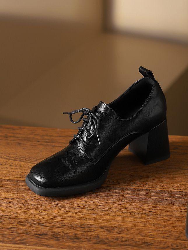 Women's Soft Leather Round Toe Chunky Heel Lace-Up Shoes, British Style, Spring/Autumn 2025