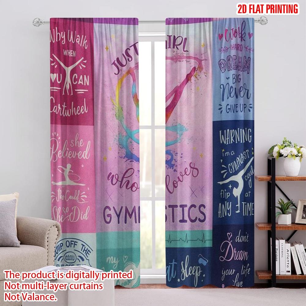 2pcs,2D Plane Printing Window Curtain Gymnastics Motivation Versatile 100% Polyester (without Rod) Home Decor for Living Room &
