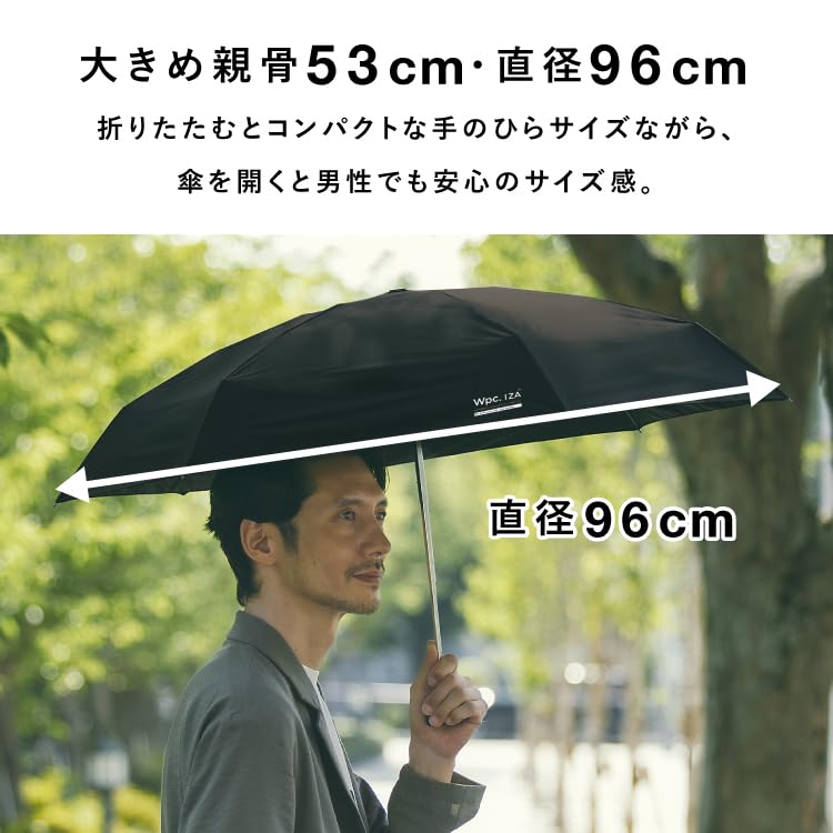 IZA Rib Wpc. Men's Parasol, Palm-Sized, Compact, Heat-Blocking, 100% Light-Blocking, Black, Length 53cm, ZA020-001-102