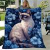 1pc. Blue Floral Cat Print Blanket - Home Office Outdoor Gift Suitable for All Seasonsz041720