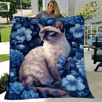 1pc. Blue Floral Cat Print Blanket - Home Office Outdoor Gift Suitable for All Seasonsz041720