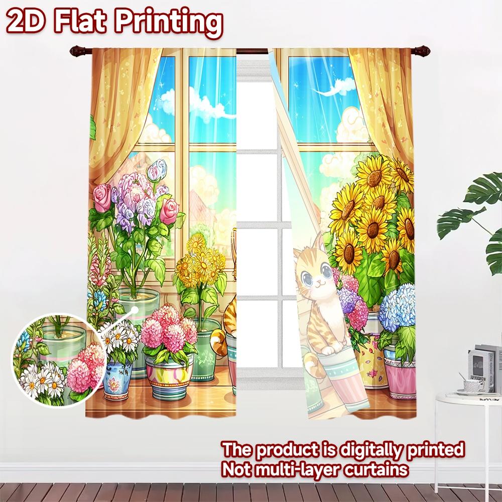 2D Flat Printing 2pcs Curtain Cute Cat Flower Garden Digital Printed Polyester Drapes All Season Party & Holiday Decor for