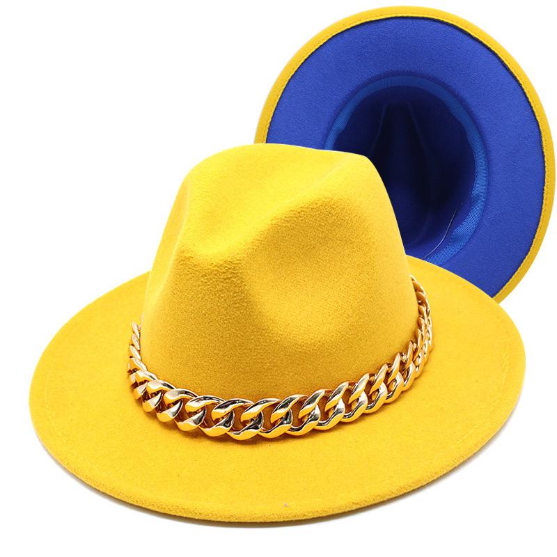 Джазовая шляпа, Большая золотая акриловая цепь, Двухцветная шляпа-цилиндр, Фетровая шляпа федора. L（58-60cm）