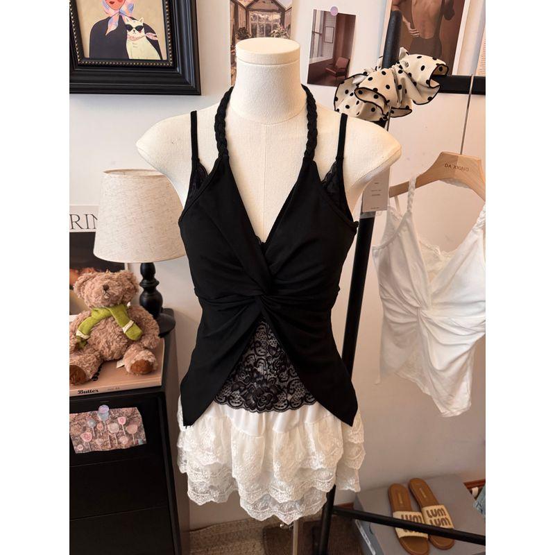 Kumikumi Gyaru Wind French style Kinked Lace Edge Cami Women Summer Slimming With Chest Pad Outer Wear Top