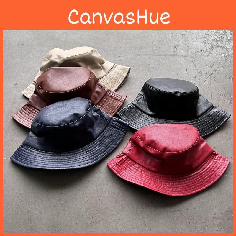 Vintage Pu Leather Bucket Hat With Wide Brim For Streetwear And Sun Protection