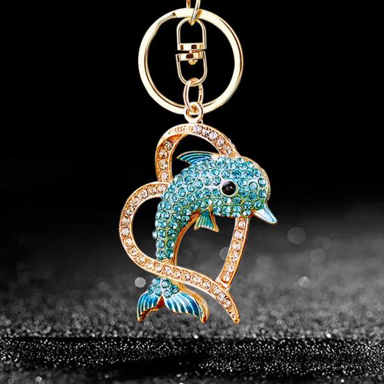 Keychain Sparkling Rhinestones Dolphin Charm Wearing Crown Key Chain Decorative Wallet Backpack Car Key Holder
