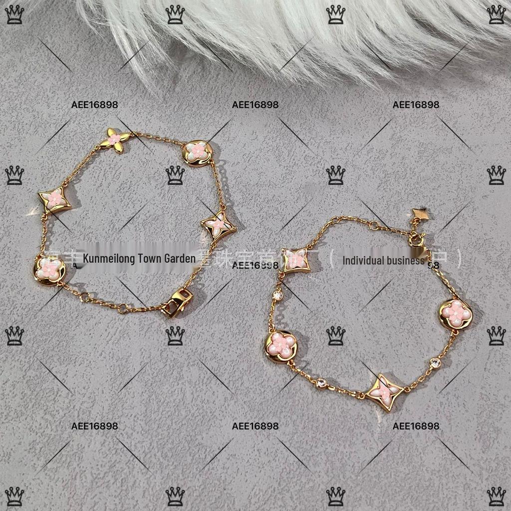 Luksusowa bransoletka damska ze srebra próby 925, wysadzana diamentami, z białą masą perłową i motywem czterolistnej koniczyny, z 18-karatowego różowego złota