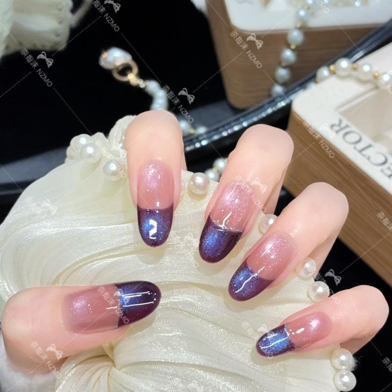 Purple Cat Eye Sparkle Wearable Nails: Handmade & High-Grade, Short French Style for a Gentle, Dazzling Look M (Medium Oval)
