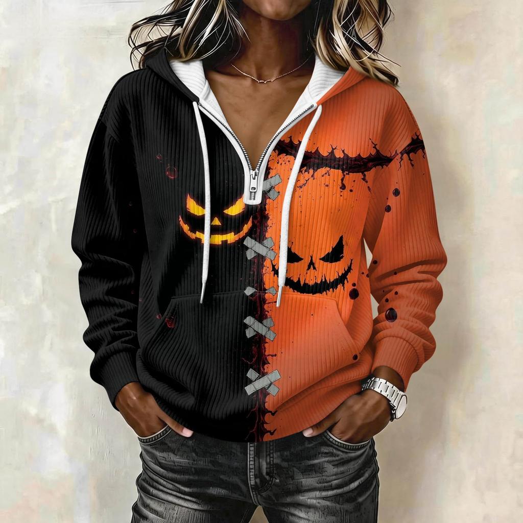 Women's Halloween Printed Long Sleeve Hoodie Drawstring Pullover Sweatshirt
