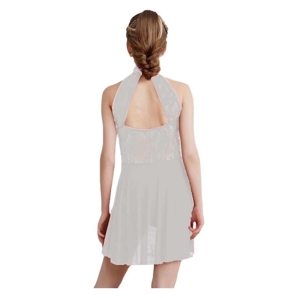 Girls Modern Lyrical Dance Dress Floral Lace Patchwork Cutout Back Rhinestones Leotard Stage Performance Dress