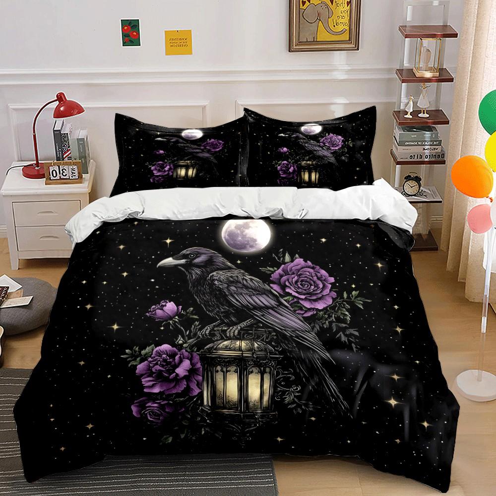 Raven, Lantern, Moonlit Elegance Exquisite Three-Piece Bedding Set Gift For Kids And Adults