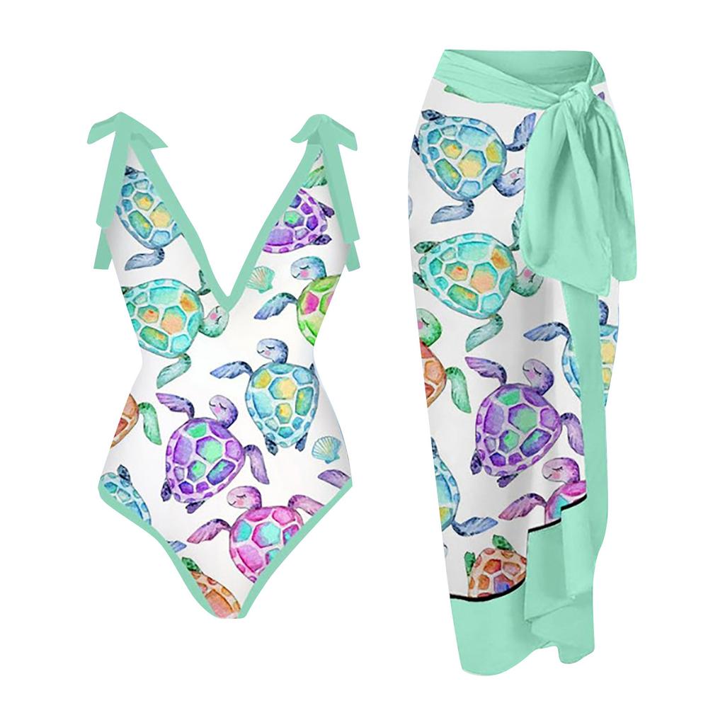 Fashion Women's Sexy Printed V Neck Strap Backless Beachwear Monokini Bikini Swimsuit  2 Piece Swimsuit
