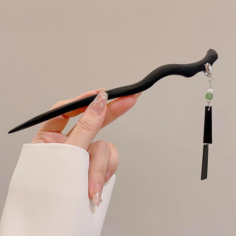 High-End Chinese Wooden Hairpin with Tassels – Ancient Style Ebony Faux for Women