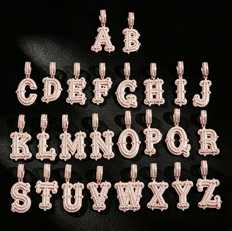 European and American New Hip Hop 26 English Letter Necklace Copper Set Zircon with Thorn Rock Sugar Letter Men's Necklace Pendant