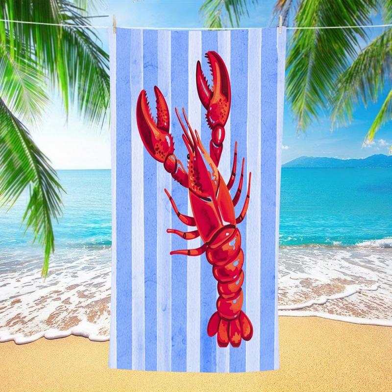Watercolor Red Lobster Light Blue Striped Beach Towel Quick Dry Sand Resistant Towel Coastal Nautical Portable Travel Blanket