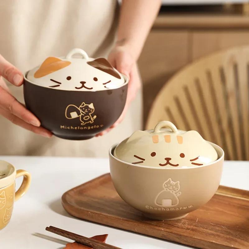 Ceramic Soup Bowl Cute Cartoon Animals With Lid Cat Household Instant Noodles Bowl Rice Bowl Tableware Japanese Creative