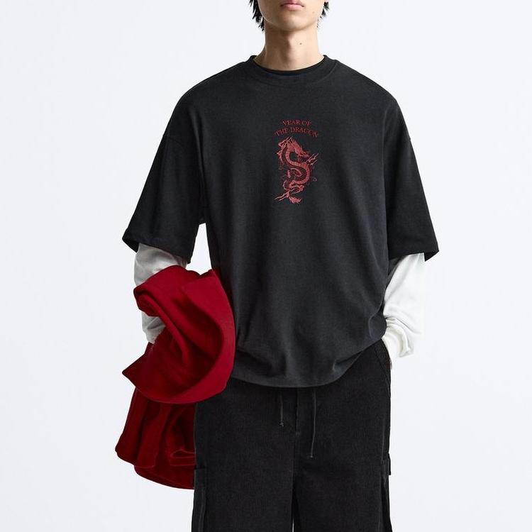 Zara Ss24 Year Of The Dragon Limited Edition Color Block Faux Two-Piece Round Neck Pullover Long Sleeve T-Shirt Men Tops Gray 0722408-922