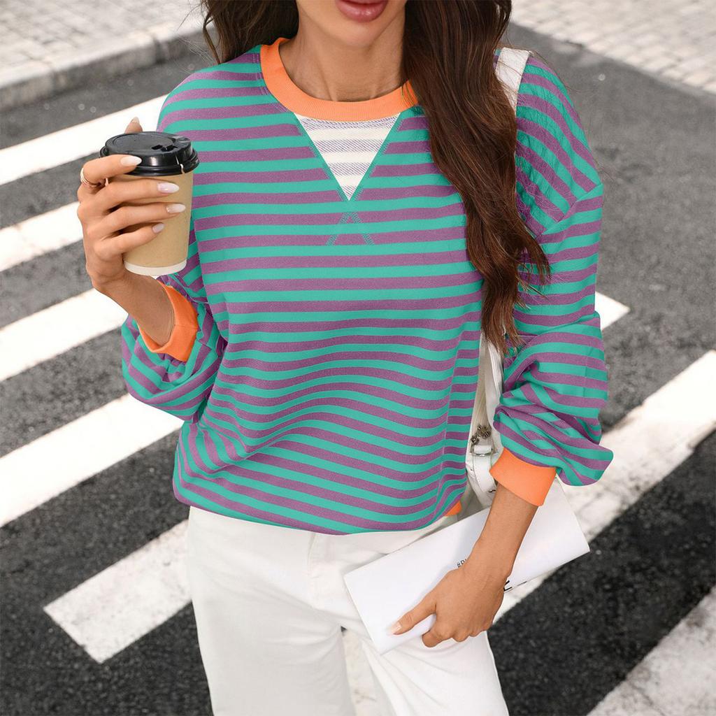 Women Casual Loose Fit Long Sleeve Striped Pullover Sweatshirt Crew Neck Lightweight Comfortable Top for Everyday Wear