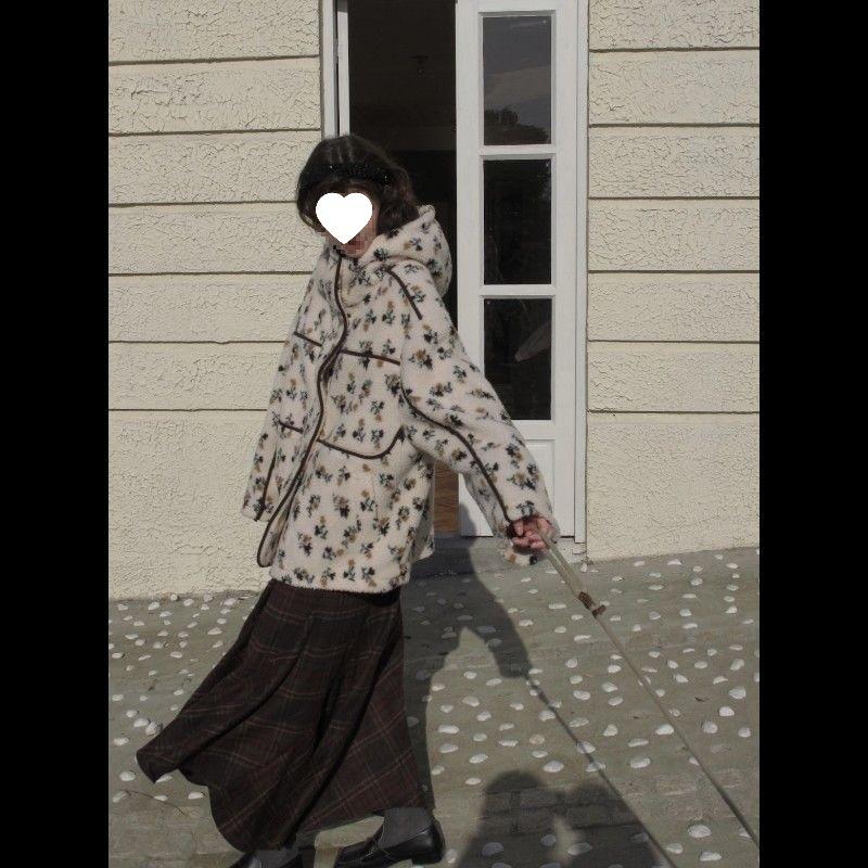 

2025 Retro Floral Warm Lambswool Hooded Jacket M (110-130)