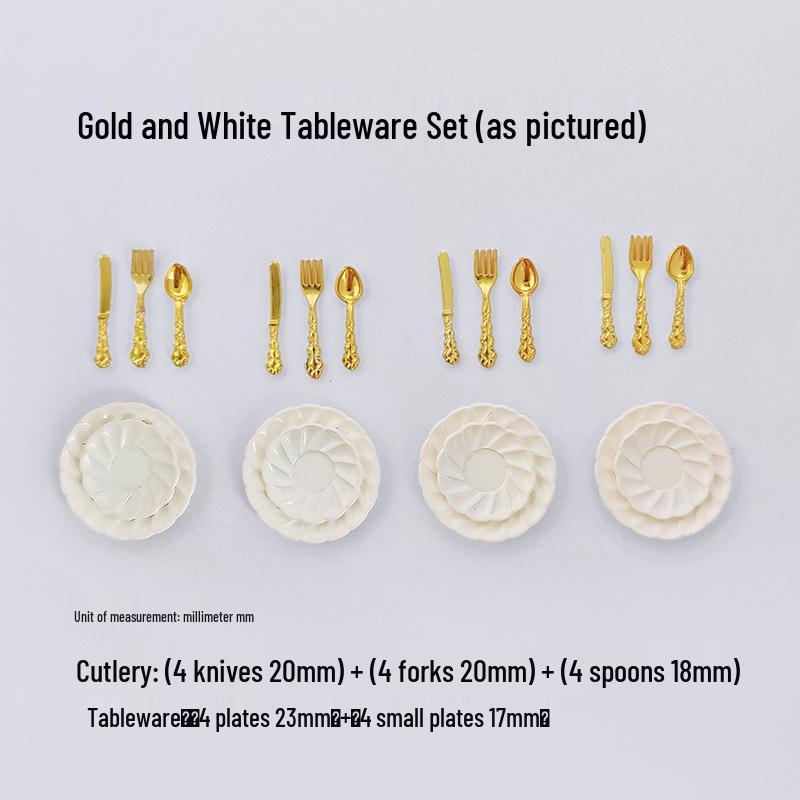 Miniature Dollhouse DIY Model Cake Set: Alloy Plate, Knife, Fork & Spoon Props