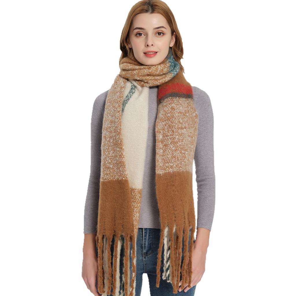 Autumn Winter Imitation Mohair Color Block Plaid Thick Fringe Scarf Shawl