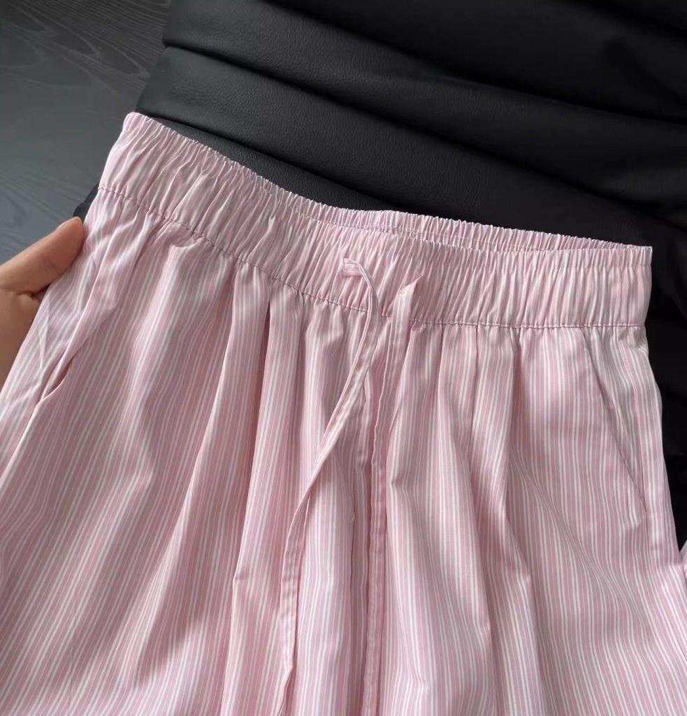 Unisex Blue Vertical Striped Casual Pants: Korean Summer Style, Floor-Length, Straight Wide-Leg, High-End Feel