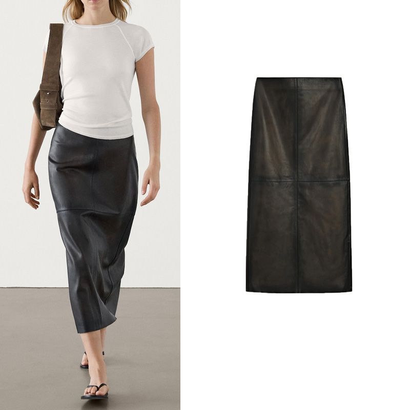 Spring New Fancy Black Stitching Poly Urethane Leather Back Slit Mid-Length Half-Length Straight Skirt 5306836