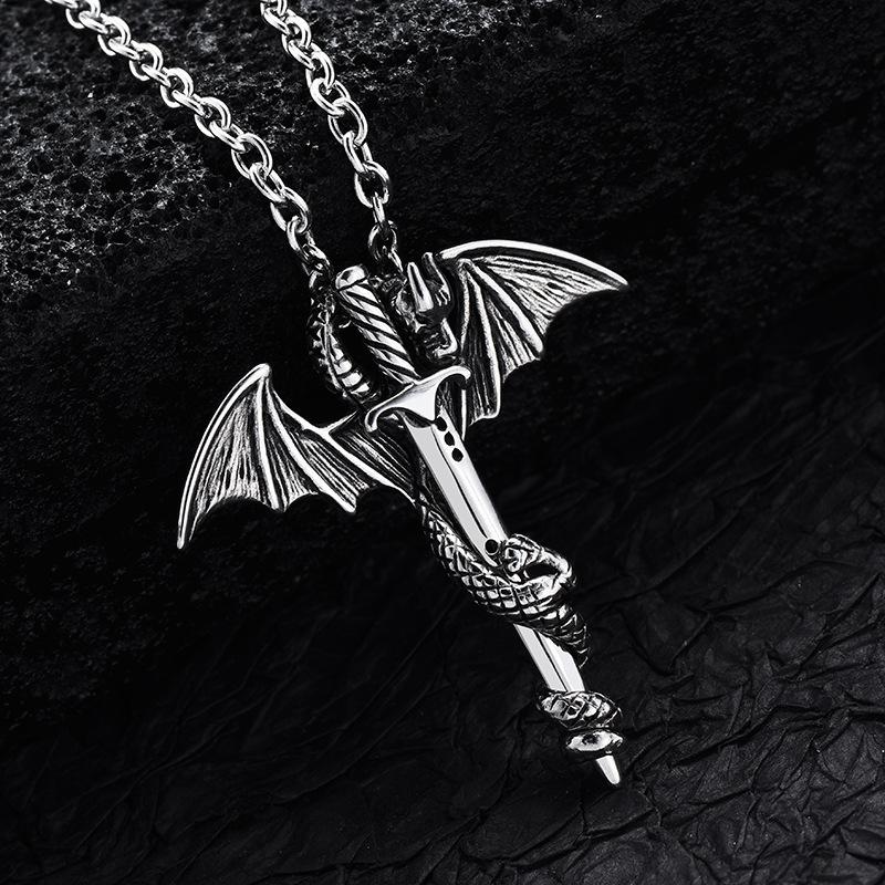 Collier Pendentif Homme Rétro Deux Couleurs Épée Dragon Aile Hip Hop Ailes