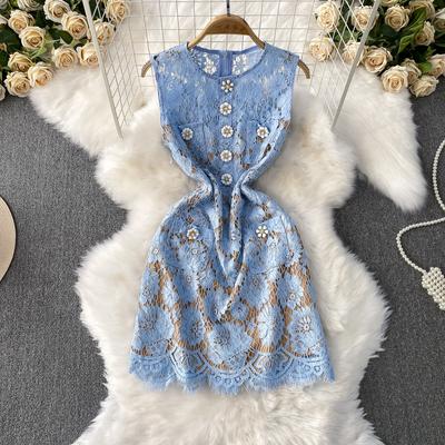 Elegant Sleeveless Three-dimensional Floral Round-neck Dress for Women's Ladies Summer Lace Slimming Dress