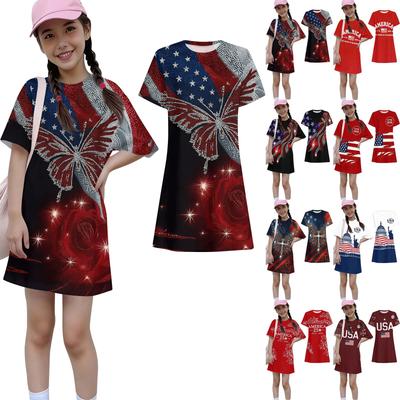 Girls Independence Day Print Casual Dress Kids Loose Round Neck Short Sleeve Thin Sundress