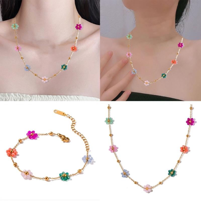 Colorful Flower Bead Necklace and Bracelet Set Fashionable Sturdy Steel Jewelry Accessory for Trendy Women Ladies