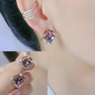 Trendy Purple Crystal Diamond-Shaped Earrings: Exquisite, Versatile, Japanese & Korean Inspired Design