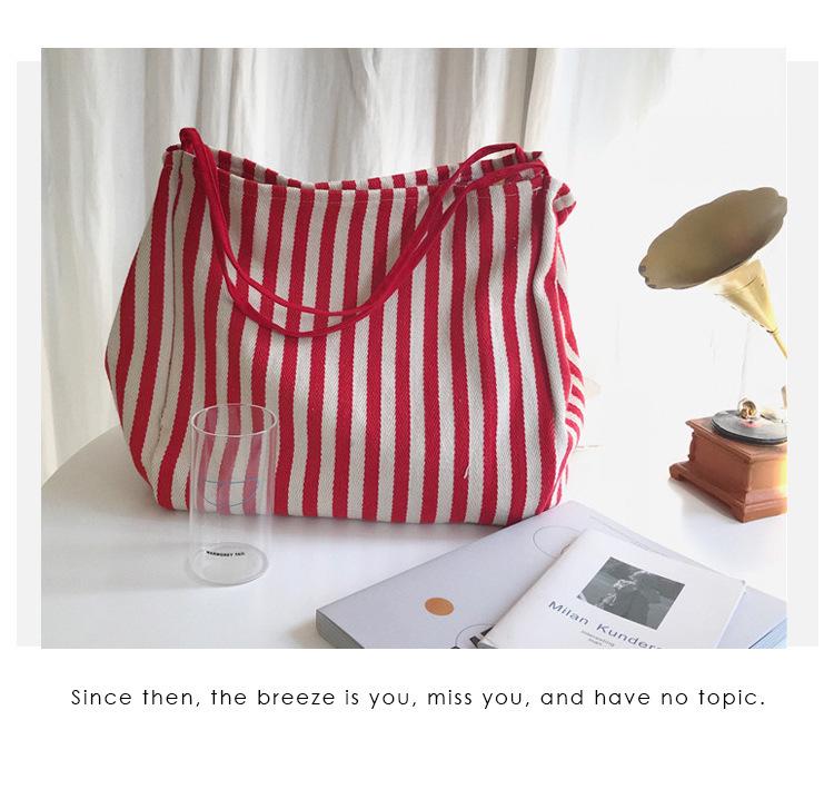 Retro pruhovaná plátěná taška přes rameno v korejském stylu - Velká kapacita, elegantní a trendy