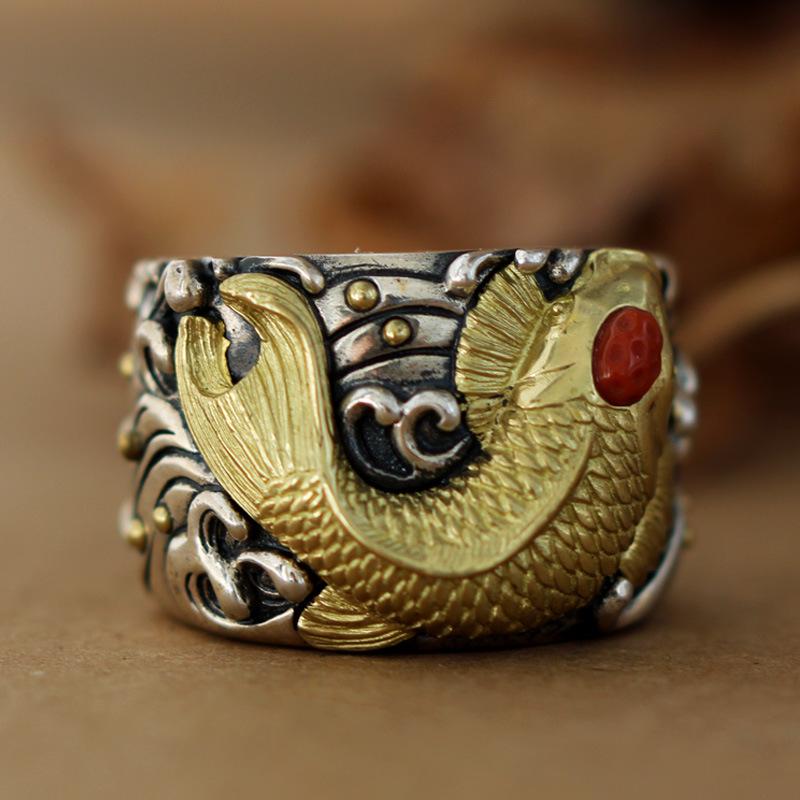 Men's Koi Adjustable S925 Silver Thumb Ring - Handmade Retro Ethnic Style Jewelry