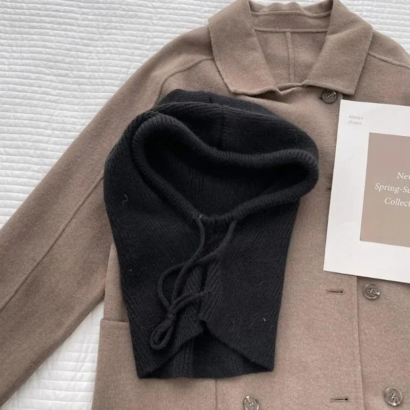 Knitted Hooded Caps Winter Balaclava Hats Women Korean Style Outdoor Warmer Drawstring Hats One-Piece Neck Collar Beanies Cap