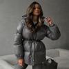 Women's Hooded Down Jacket Drawstring Waist Warm Parker Coat Solid Pocket Zipper Outwear Thicken Long Sleeves Coats