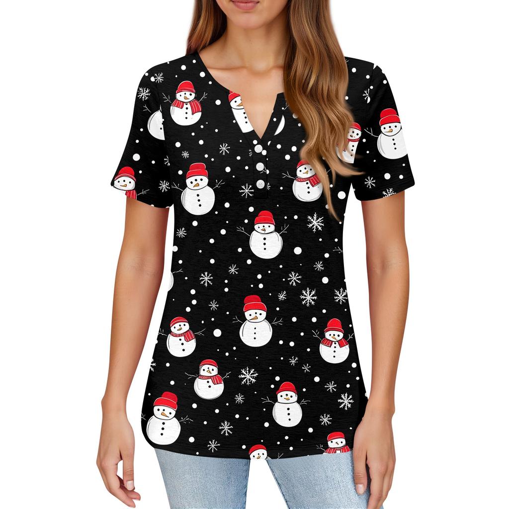 Women's T Shirt Christmas Print Button Short Sleeve Daily Weekend Fashion Basic V- Neck Regular Top