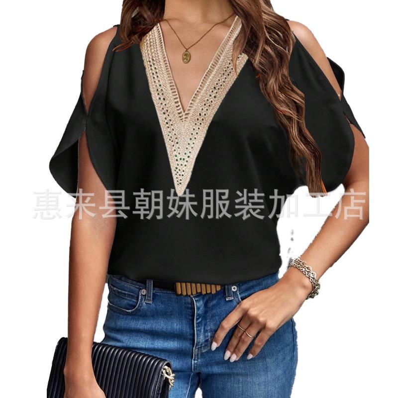 GMXIA Camicette e camicie da donna con scollo a V, maniche corte, stampa tinta unita casual alla moda
