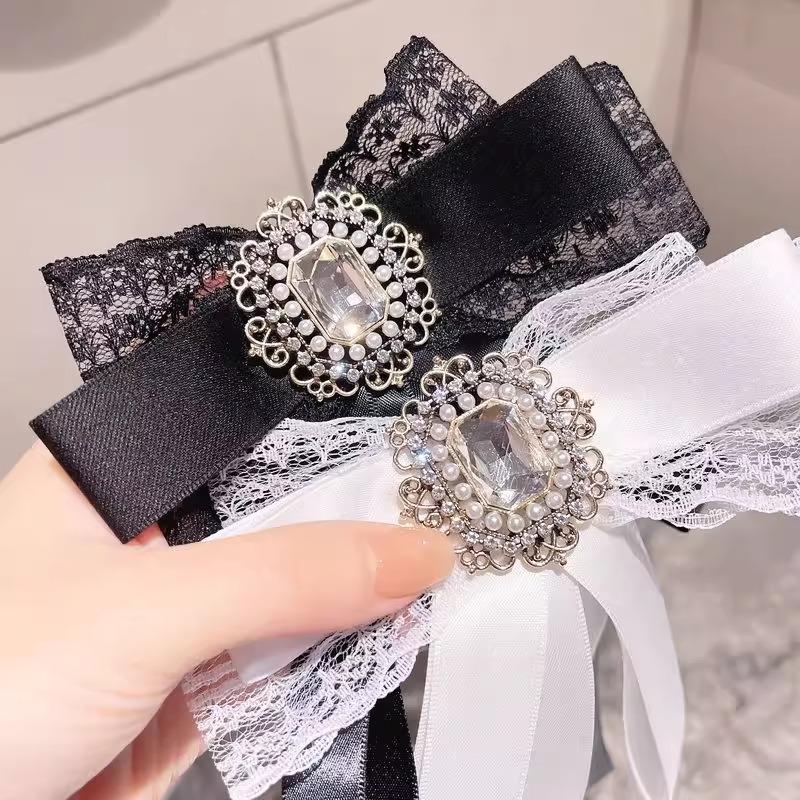 New Black Bow Tie Shirt Collar Pins Crystal Bowknot Ribbon Brooches For Women Wedding Party Necktie Accessories